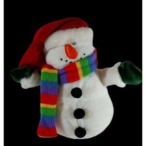 Snowman santa hat rainbow scarf green mittens White Plush Stuffed Dandee 7"